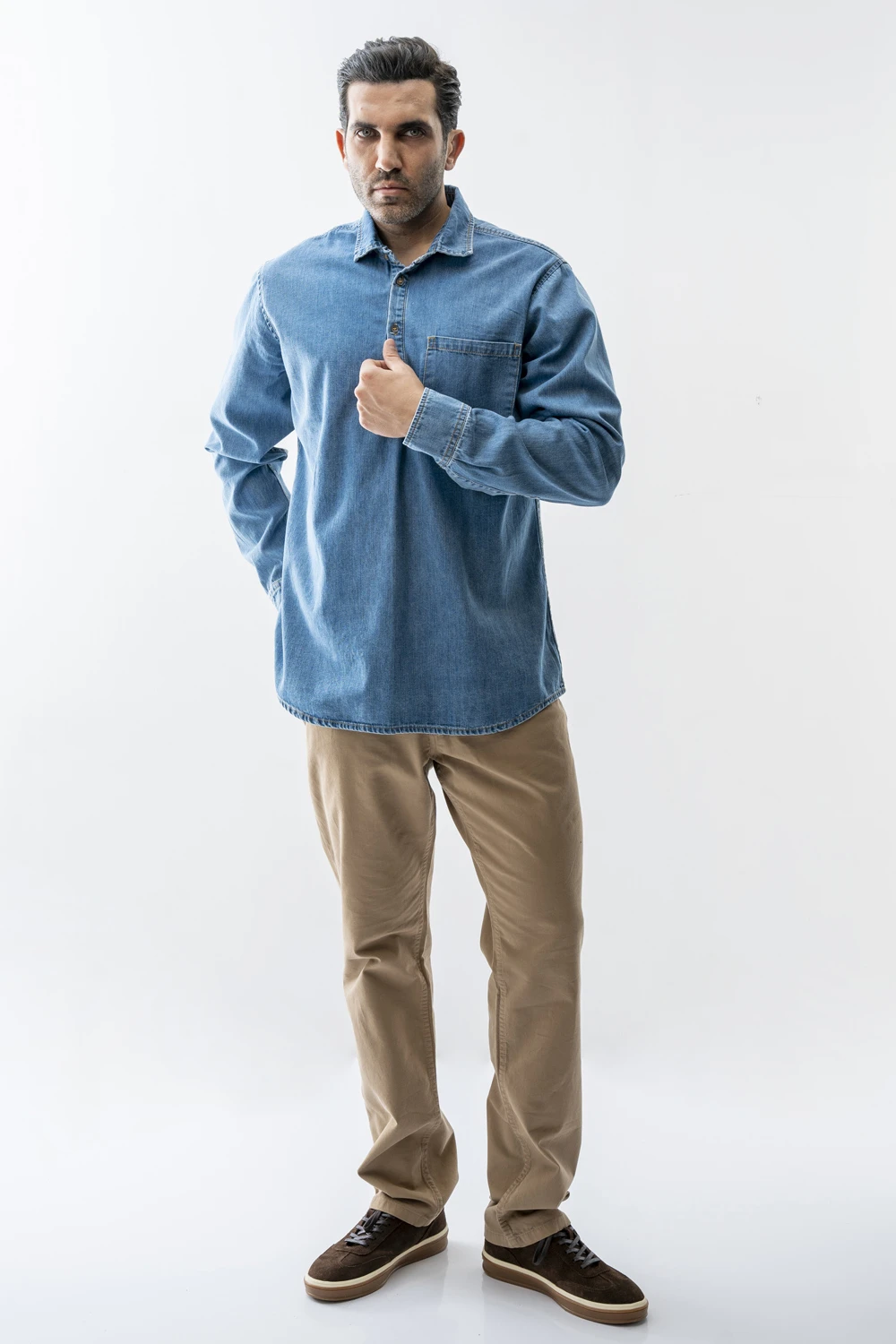 پیراهن جین نیم قاپک یقه دار مردانه